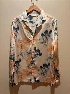 ASOS Floral Satin Button-Down Shirt in Cream, Teal, and Peach- oversized